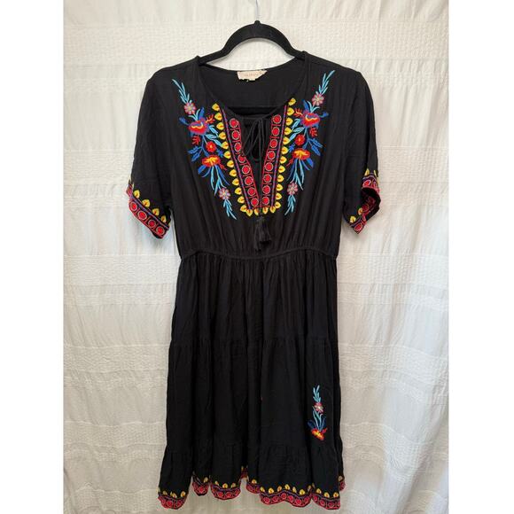 Solitaire Dresses & Skirts - Solitaire Black Embroidered Dress, Size L  Boho Peasant